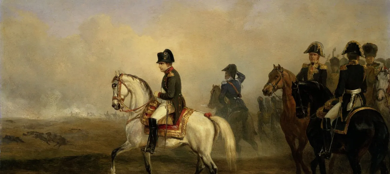 "Photo: Emperor Napoleon I and his Staff on Horseback, Horace Vernet, c. 1815-50, French oil painting. In the distance is the smoke from a battle of the Napoleonic Wars | Shutterstock"