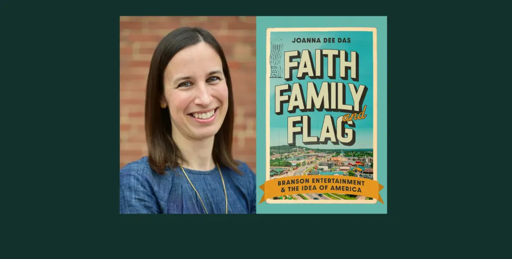 "Joanna Dee Das pictured next to 'Faith Family Flag'"