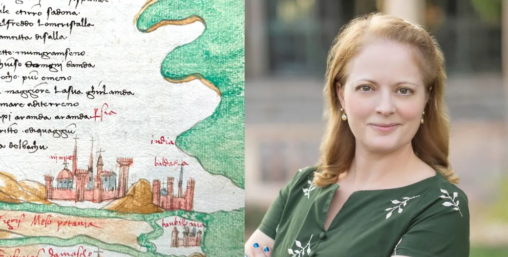 Carrie Benes pictured next to historical illustrations