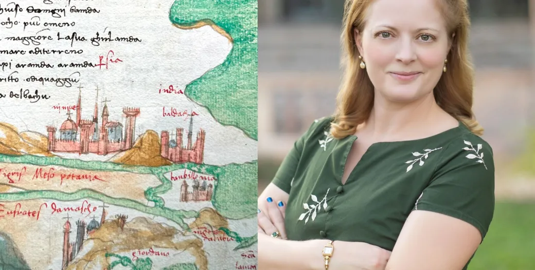 Carrie Benes pictured next to historical illustrations