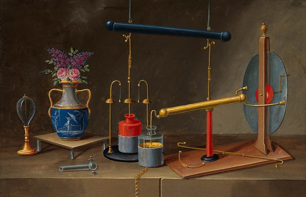 "Electricity: Condenser Jars, an Electrostatic Generator, and a Vase with Flowers, after Paul Lelong, c. 1800. "