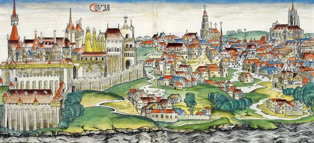"Buda in the Middle Ages (Nuremberg Chronicle, 1493) Wikimedia Commons"