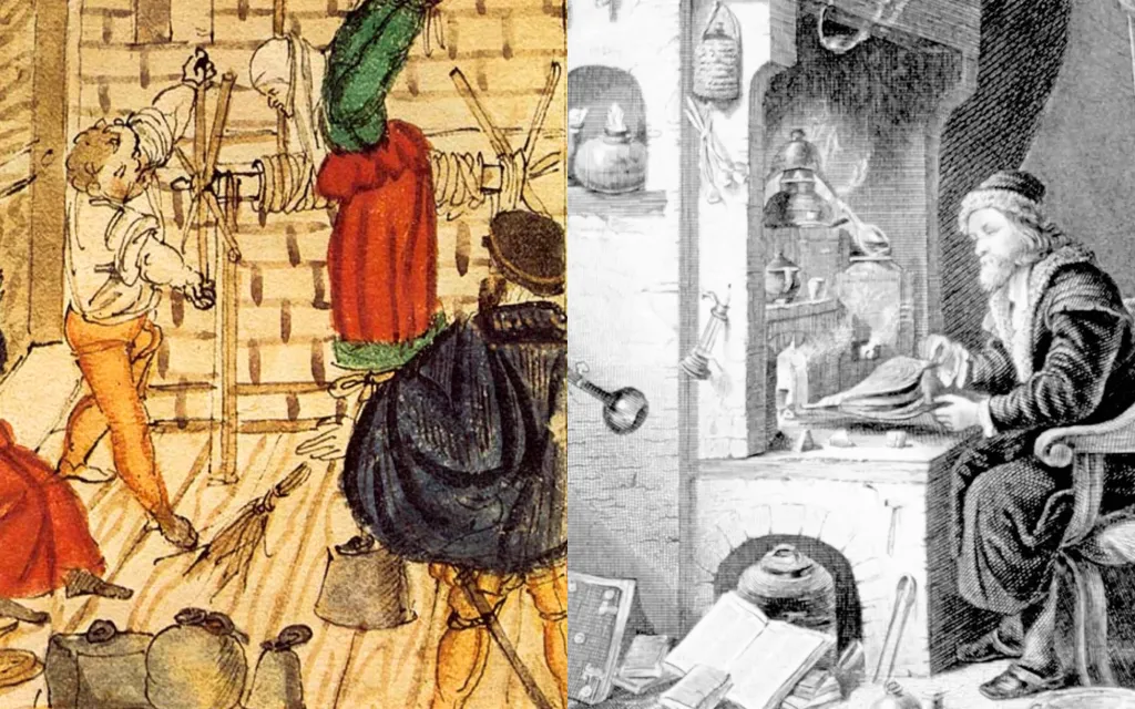 "Left: The Torture Used Against Witches, 1577; Right: Alchemy in the 1500s"