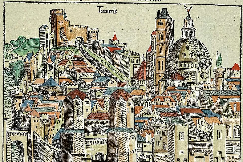 "Image of a Medieval cityscape, provided by Understanding Society, Daniel Little"