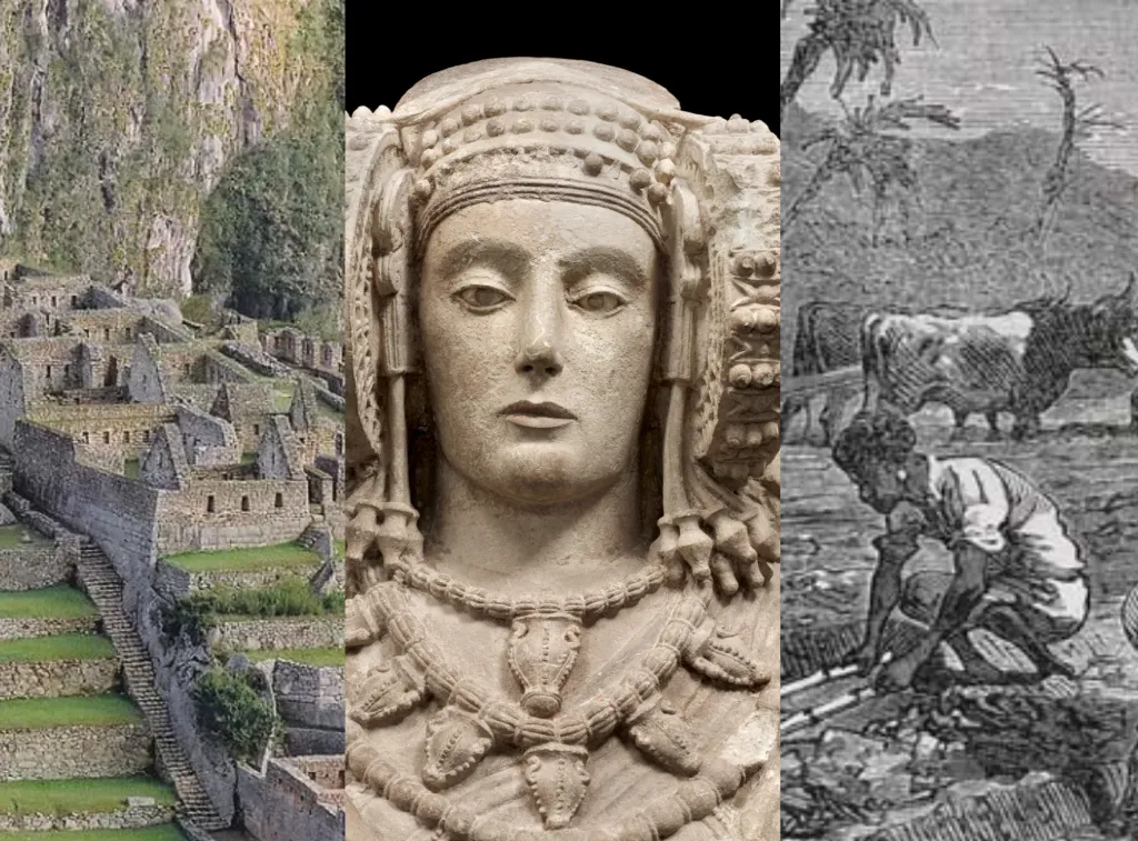 "Iberian sculpture, black and white print of harvesting sugar Latin America"