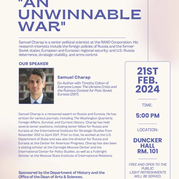 "Samuel Charap, An Unwinnable War Flyer"