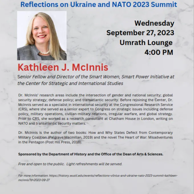 "Flyer for Kathleen McInnis' Fall 2023 Leture, "A View from the Ground: Reflections on Ukraine and NATO 2023 Summit""