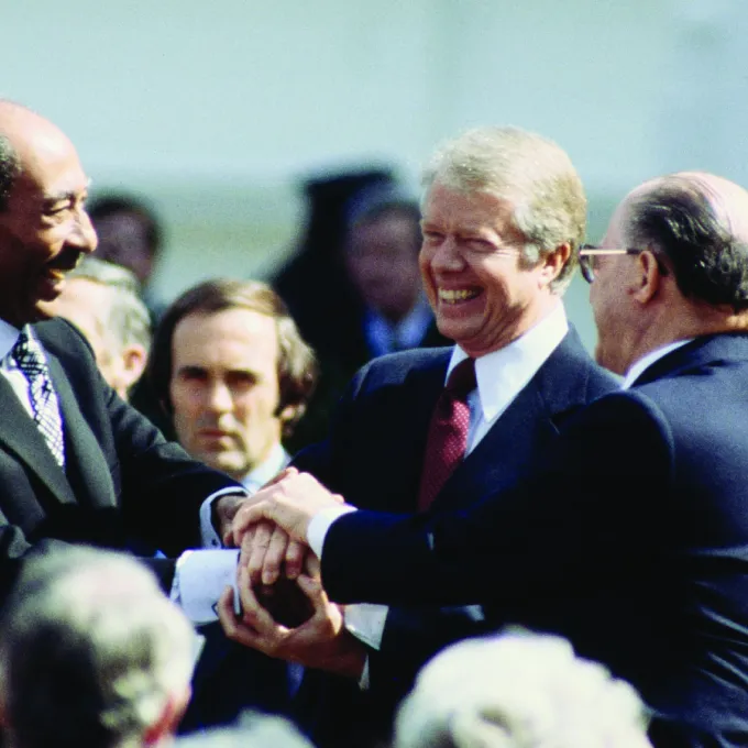 "U.S. President Jimmy Carter shakes hands with Egyptian President Anwar Sadat at the signing of the Egyptian-Israeli Peace Treaty at the White House on March 16, 1979. Source: Warren K. Leffler, Library of Congress"