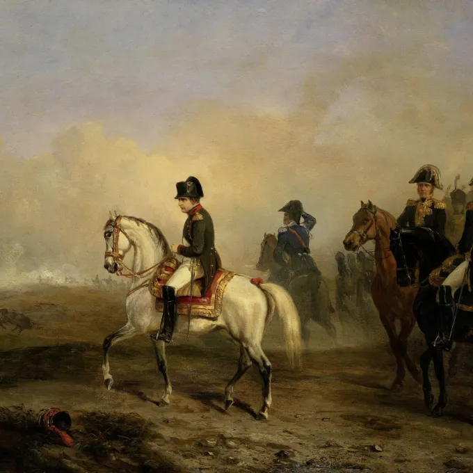 "Photo: Emperor Napoleon I and his Staff on Horseback, Horace Vernet, c. 1815-50, French oil painting. In the distance is the smoke from a battle of the Napoleonic Wars | Shutterstock"