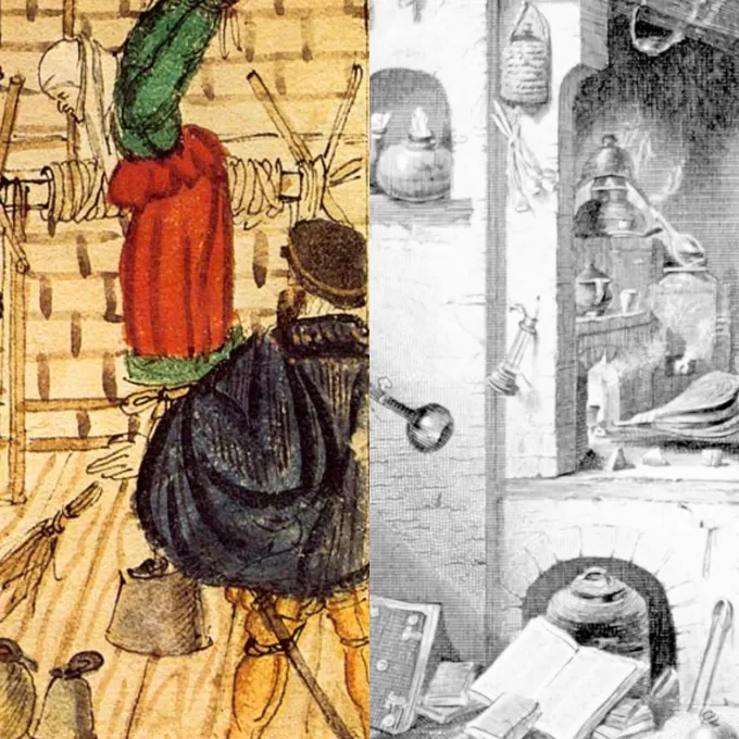 "Left: The Torture Used Against Witches, 1577; Right: Alchemy in the 1500s"