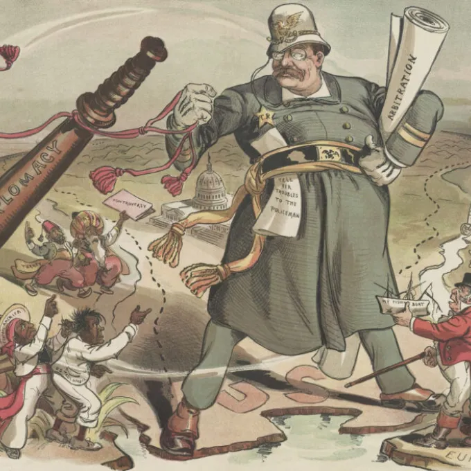 "“The World’s Constable,” a cartoon depicting President Theodore Roosevelt’s expansion of the Monroe Doctrine, from PUCK Magazine, Jan. 14, 1905. (Source: Shutterstock)"