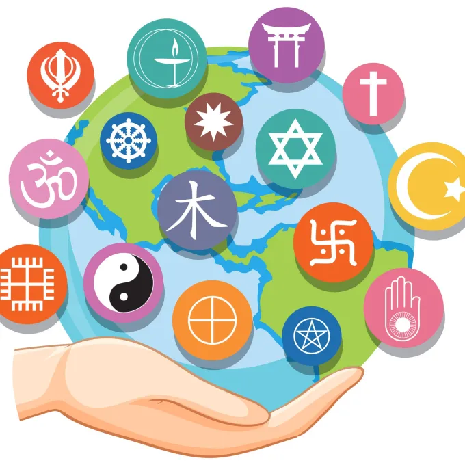 "Image of a hand holding the world with religious symbols"