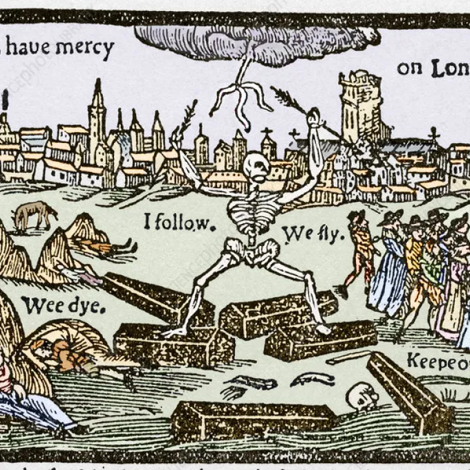 "Print illustrating the black death, stating 'lord have mercy on London. I follow. We Fly. Wee Dye. Keepe out.'"