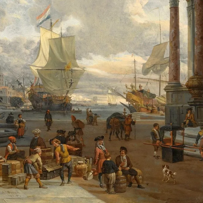 "Watercolor illustrating the creation of capitalism, associated with a course taught by Christine Johnson"