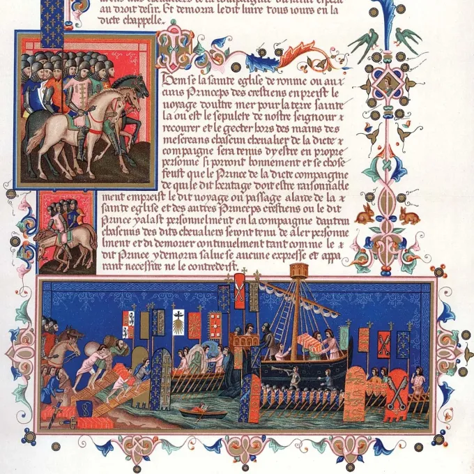 "Crusaders departing for the Holy Land, chromolithograph of a 15th-century illuminated manuscript. | Photos.com/Thinkstock, Brittanica"