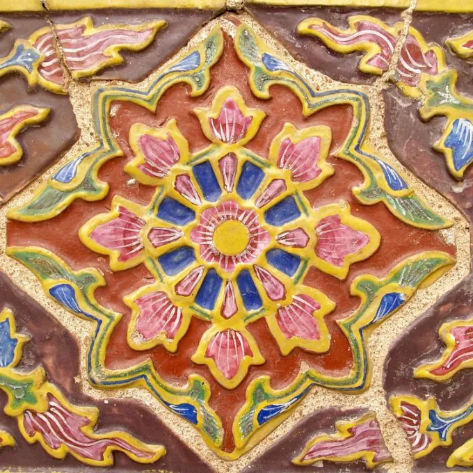 Colorful geometric tile pattern wiith slightly raised surface, encaustic tile or 